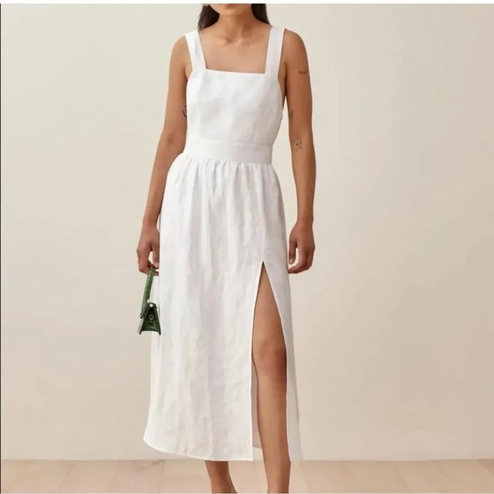 REFORMATION Elara Linen Fit & Flare Midi Dress Size 2 Sleeveless Ivory White